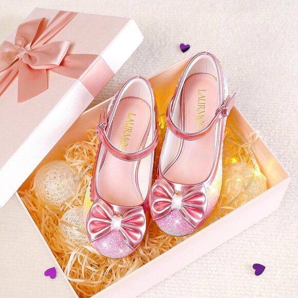 Girls Rainbow Sequins Cute Bow-knot Sparkle Mary Jane Flower Wedding Dress Shoes - Picture 6 of 7